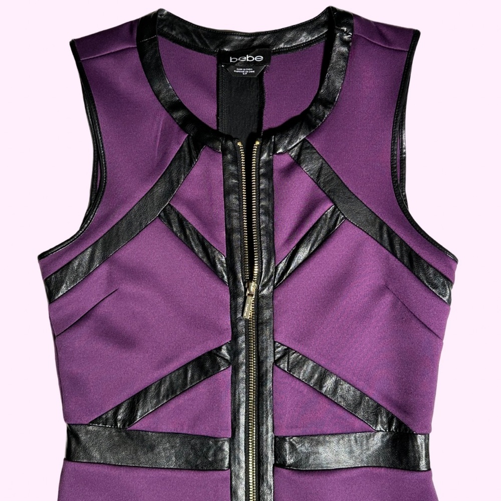 Bebe Bodycon Plum + Black Leather Cocktail Dress - Small